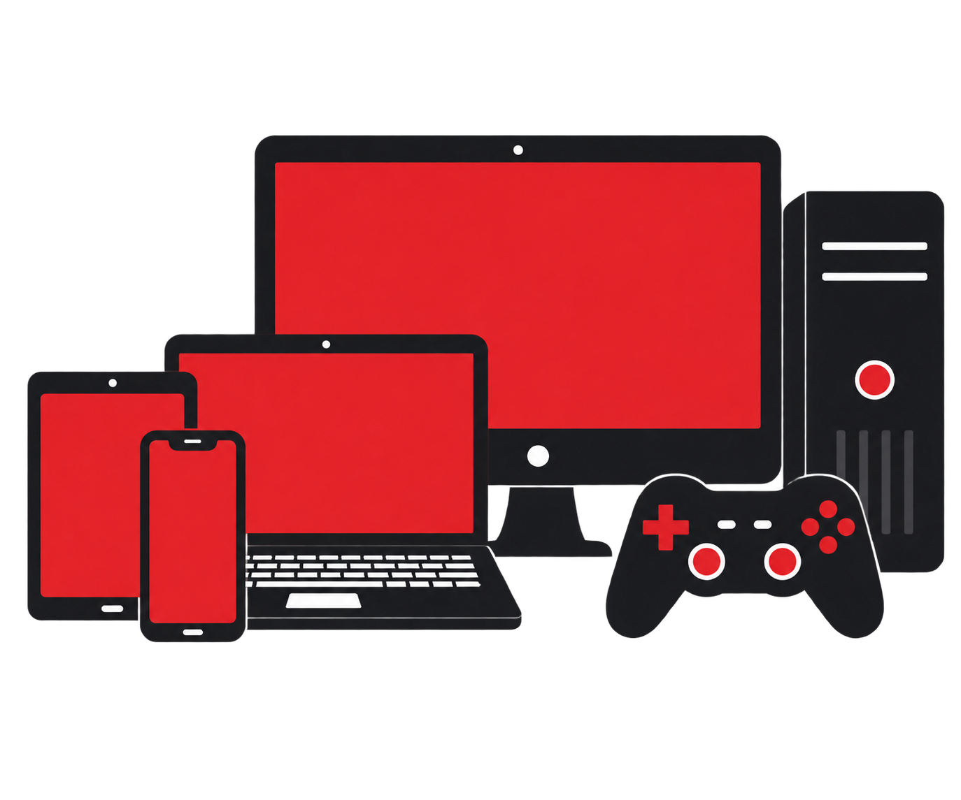 Graphic icons of a desktop computer, laptop, smartphone, tablet, and game controller